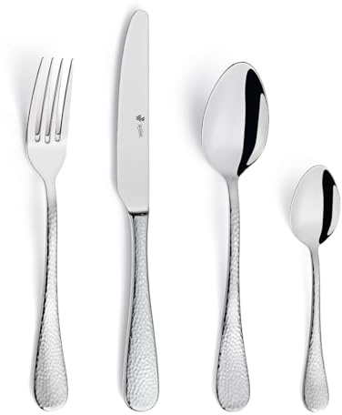 Paul Wirths MONDO - Cubertería (24 piezas, 6 cuchillos, 6 tenedores, 6 cucharas de menú, 6 cucharillas de café, diseño de cubertería Hammerschlag de acero inoxidable 18/10, acabado brillante, apto