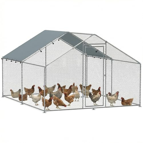 PawHut Enclos poulailler, grand poulailler 10,2 m², enclos poule avec couverture imperméable et anti-UV, porte verouillable, cage en acier galvanisé, volière pour 10-15 poules, 3 x 3,4 x 1,9m, argenté