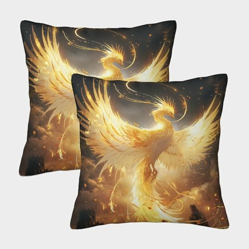 kaiyun Golden Fénix con Cremallera,Halo y alas Doradas Funda De Cojín,45x45cm 2 Paquetes Adecuada para Fiesta Temática De Sofá De Dormitorio