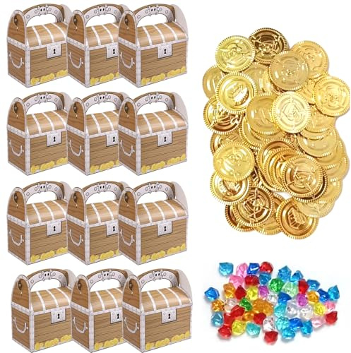 Werownsgso 12 Stück Schatztruhe Kindergeburtstag Piraten Schatzkiste mit Edelsteinen und Goldmünzen Piraten Party Geschenke Box für Snacks und Schatzkarte Geeignet Zum Dekoration Geburtstagsparty