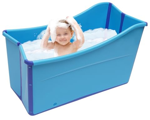 MIUKYUI Bañera plegable azul móvil para adultos y niños pequeños, 100 cm, grande, plegable, con sauna, masaje, asiento de burbujas, para baños de hielo, bañeras frías, duchas, deportistas, spa en casa