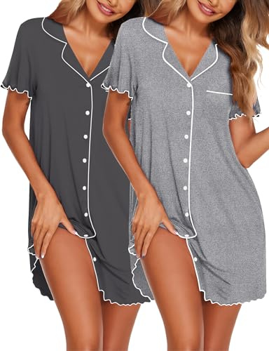 Ekouaer Camisón Mujer Manga Corta con Botones 2 Piezas Verano Cuello V Tipo Cárdigan Vestido Pijamas Camison Lactancia Gris Oscuro/Gris Claro XXL