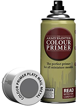 The Army Painter Colour Primer Plate Mail Metal, 400 mL Acrylic Spray Primer, Spray Paint Basecoat for Miniature Priming, Tabletop Roleplaying, Boardgames, and Wargames Miniature Modelling