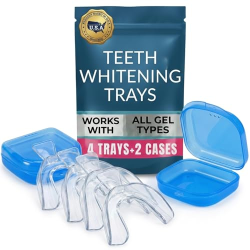 Teeth Whitening Trays for Gel 4 Pc Moldable Flexible Guards with 2 Cases | Compatible with Opalescence Gel Custom Trim to Fit Reusable Tooth Bleaching Carbamide Peroxide Remineralization Enamel Safe
