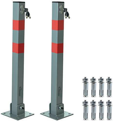 Hausen 2 x Folding Car Parking Barrier Post Vehicle Driveway Garage Security Bollard, 3 Keys Included with Each Barrier