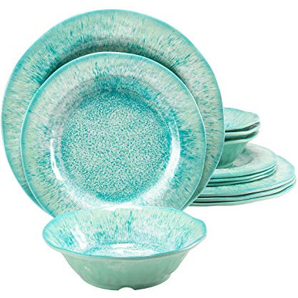 Juego de vajilla de melamina, 12 piezas, resistente, apto para lavavajillas, a prueba de roturas, no microware ni horno (verde)