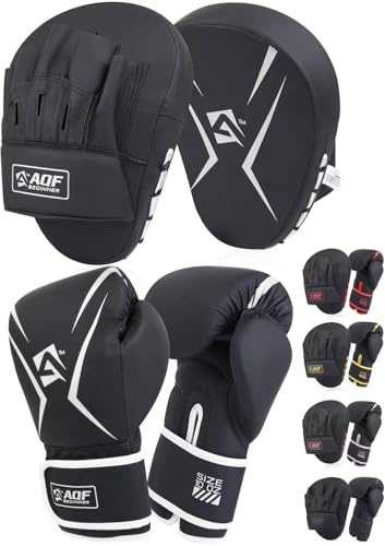 AQF Kit Boxeo, Guantes con Manoplas, Kickboxing MMA Muay Thai Entrenamiento | Rango de 8 a 16 OZ, Guantillas de Entrenamiento, Paos Curvos, Boxing Gloves & Focus Pads Set, Artes Marciales Training