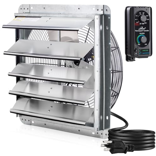 iLIVING 18 Wall Mounted Shutter Exhaust Fan, Automatic Shutter, with Thermostat and Variable Speed controller, 0.85A, 1736 CFM, 2600 SQF Coverage Area Silver (ILG8SF18V-ST)