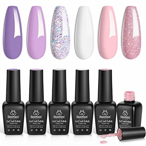 Beetles UV Gel Nagellack Set - 6 Farben Semi Permanente Romantischer Garten Rosa Lila Glitzernder Milchig Weiß Nagellampe Gel Polish Nail Kit Geschenkbox DIY für Frauen