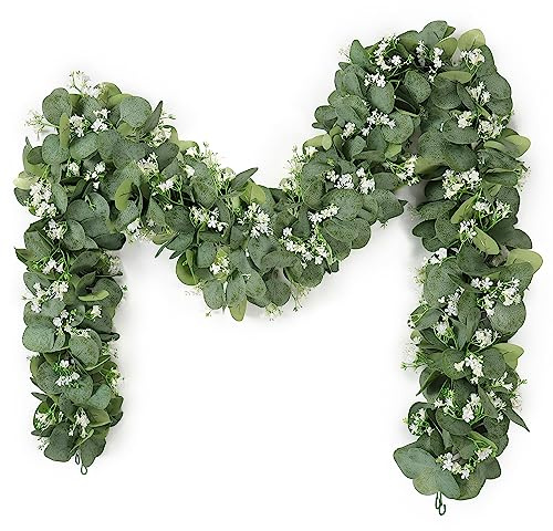 KHOYIME Eucalyptus Garland with White Flowers, 2 Packs 5.9Ft Artificial Silver Dollar Eucalyptus Leaves Plant Fake Greenery Hanging Ivy Vines Faux Wreath for Wedding Arch Party Mantle Table Home Decor