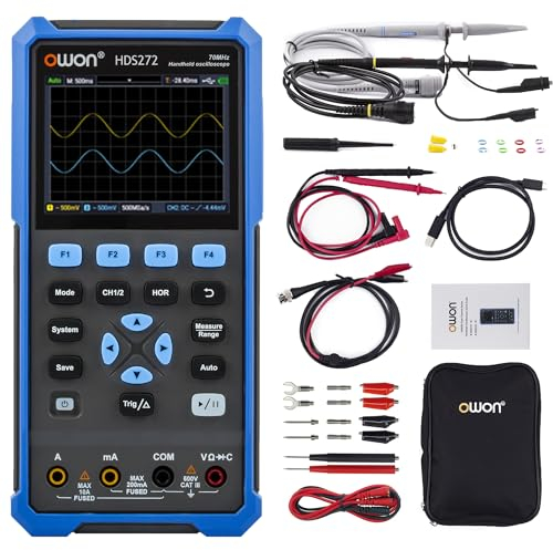 OWON Osciloscopio digital de mano HDS272, 70 MHz, ancho de banda, pantalla LCD de 3,5 pulgadas, con brillo ajustable, osciloscopio 2 en 1 + multímetro True RMS de 20.000 cuentas