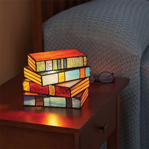 GUSHE Stained Glass Stacked Books Lamp, Lampe de Livres Empilés en Verre Teinté, Lampe de Livre Artisanale avec Livres Empilés de Style Vintage, Lampe à Poser pour Chambre à Coucher, Salon
