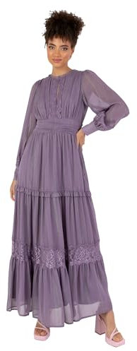 Anaya with Love Damen Women's Maxi Dress Ladies Long Sleeves Round Neck Keyhole Lace High Waist Empire A-line for Wedding Guest Evening Kleid, Dusty Lavender,