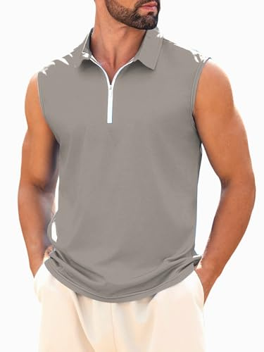 crazy bean Camisetas de Tirantes Hombre Casual Polo sin Mangas con Cuello en V Moda Tank Top Cremallera Verano Algodón Camisetas Sin Mangas Fitness Golf Casual(Gris,M)