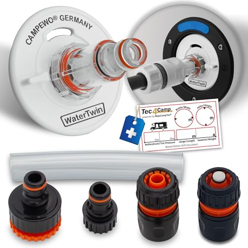 MaJoCompTec® WATERTWIN Tapa de depósito con conexión de agua, adaptador de llenado para boquilla de llenado de agua, accesorio para autocaravana y caravana (versión PRO con filtro + kit de iniciación