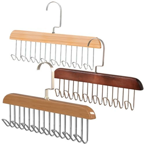 lomdung 3 Stück Multifunktional Holz Kleiderbügel, rutschfeste Garderobe mit 8 Stück Haken, 360° Drehbar Krawattemhalter, Qualitäts Kleiderbügel Platzsparend, für Gürtel Fliege Schal und Hut