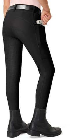 FitsT4 Sports Pantalones de equitación para niños y niñas, pantalones de equitación, de silicona, con ribete completo, pantalones de verano, con 2 bolsillos laterales y trabillas para cinturón, Negro