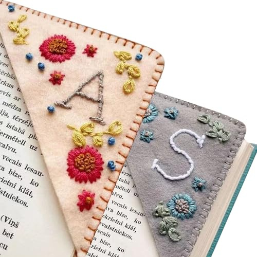 AOOTUERL 2 PCS marque-pages personnalisés brodés à la main, motif fleur triangulaire en feutre, pour femmes, hommes, amateurs de livres, lecteurs, enseignants et enfants