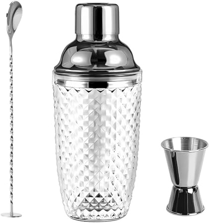 Shaker da Cocktail 400 ml, Set di shaker per cocktail in Acciaio inox e Vetro, Shaker con colino misurino e cucchiaio per casa, bar, vino, succhi di frutta misti, bevande (Argento-1)