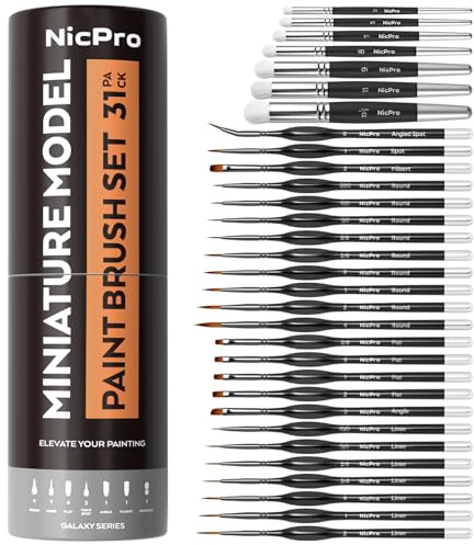 Nicpro 31PCS Miniature Paint Brushes Drybrush, Model Paint Brush Set for Acrylic Oil Watercolour, Detail Paint Brush Dry Brush for Model, Miniature Painting, Paint by Numbers, Craft - with Container