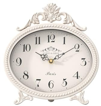 Abdurey Vintage-Tischuhr auf Ständer, Schreibtisch und Regal, dekorative Uhr, französischer rustikaler Stil, Kaminuhr, Metallrahmen, antikweißes Finish, Bauernhaus, Schlafzimmer, Nachttisch