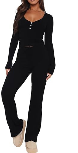 Set di pigiami da donna LACOZY 2 pezzi Set da allenamento sexy a maniche lunghe Set da lounge casual con scollo a V Set da allenamento per palestra e yoga, Nero , S