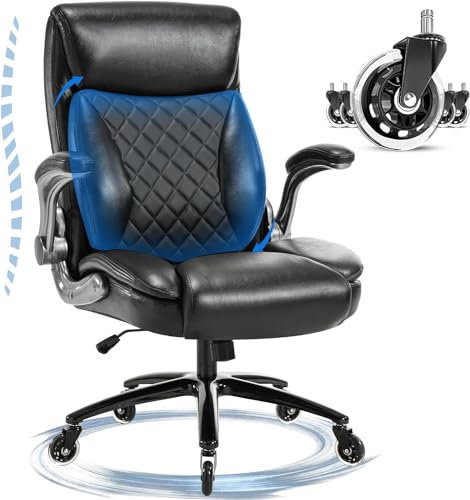 Fantasylab Chefsessel Bürostuhl 200KG mit Hochklappbaren Armlehnen Ergonomischer Chefsessel PU Leder Computerstuhl Schreibtischstuhl Hohe Rückenlehne, Schwarz