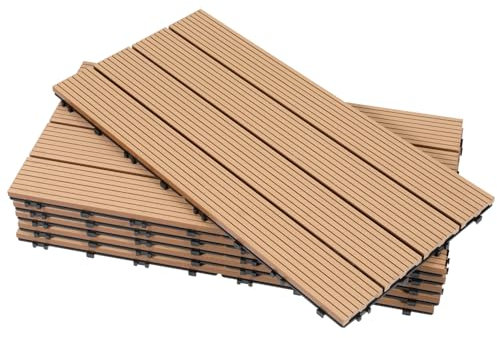 Eulenke WPC terrassplattor 36 stycken, 30 x 60 cm terrassbrädor för balkonggolv, klickplattor, balkongplattor i träutseende, golvbeläggning väderbeständig för terrass, för 6 m², teak