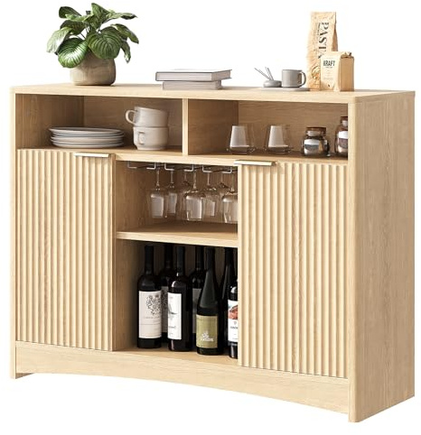 Marsail 47.2 Bar Cabinets with Storage, Modern Buffet Cabinet, Large Sideboard with 2 Fluted Panel Doors, Coffee Bar Cabinet with Adjustable Shelf and Glass Rack for Kitchen, Living Room, Natural Oak
