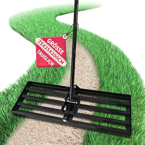 Râteau à gazon 75 x 25 cm en acier inoxydable – Manche en métal réglable de 160 à 200 cm avec poignée en caoutchouc – Râteau de nivellement pour sable, terre et pelouse – Extracteur de terrain de
