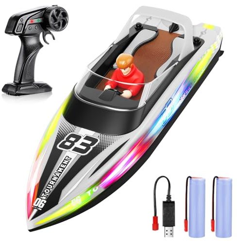 HOTUT Bateau Télécommandé, 2,4 GHz Bateau Telecommandé Enfant, Haute Vitesse RC Bateaux de Course, avec Lumières LED, avec Alarme de Batterie Faible, pour Piscines et Lacs (Blanc