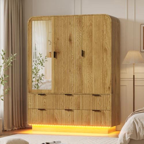 CASANOOKK 3 Door Wardrobe Closet with Mirror and LED Lights,Wooden Bedroom Armoires with Hanging Rods & Shelves, Drawers for Bedroom,Laundry Room,Cloak Room,Brown