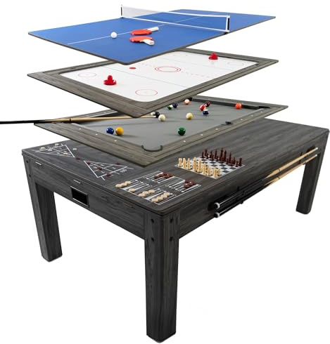 Tavolo Multigioco e da Pranzo 7-in-1 213 cm (7 ft) Grigio Effetto Legno con Biliardo, Tennis Tavolo, Air Hockey, Scacchi, Backgammon, Shuffleboard per Casa e Ufficio