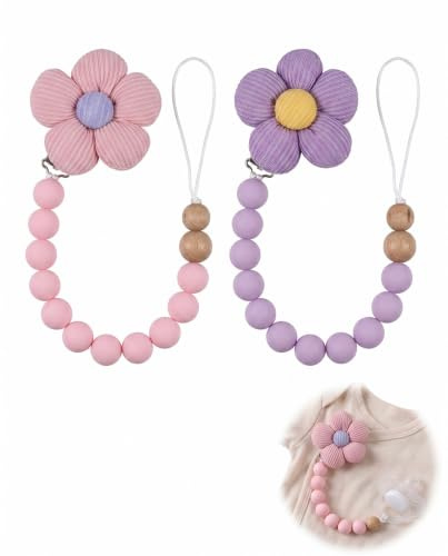 BTACGWP 2 unidades de cordones para chupetes de algodón, con diseño floral, provistos de cordón antideslizante, aptos tanto para niños como para niñas, ideales para regalar (rosa, morado)
