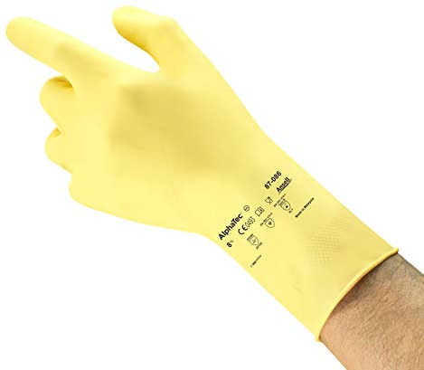 Ansell AlphaTec 87-086 Mehrzweckhandschuhe aus Latex, Chemikalienschutz, Lebensmittel Geeignet, Wiederverwendbare Gummihandschuhe, Hausputz, Haushalt, Kochen, Gelb, Größe XS (1 Paar)