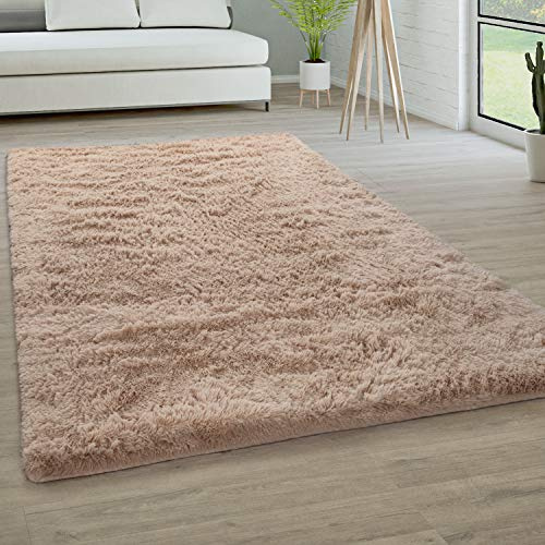 Paco Home Tapis De Salon Poils Longs Fausse Fourrure Shaggy Moelleux Monochrome, Dimension:120x160 cm, Couleur:Beige
