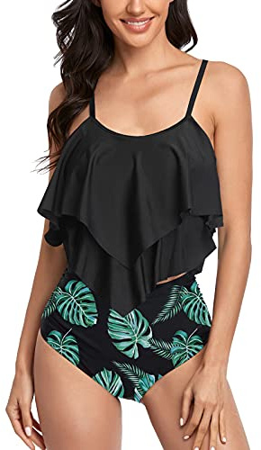 FLYILY Two Pieces Swimsuit for Women Double Level Ruffled Flounce Top with High Waisted Bottom Bikini Set Tummy Control Swimwear Bathing Suits(2-BlackLeaf,L)