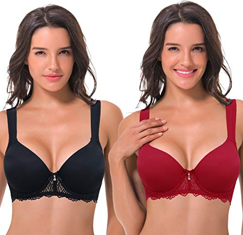 Curve Muse Damen Leicht Gepolstert Bügel Spitze BH mit gepolsterten Schultergurten-Schwarz, Wein-95D-V2