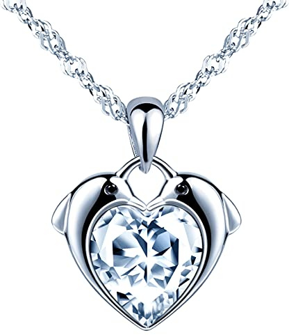 INFINIONLY Collier cœur élégant pour femmes et filles, Collier en argent 925, Pendentif cœur décoré de dauphin mignon, incrusté de zircon brillant, avec la chaîne de 45cm, blanc