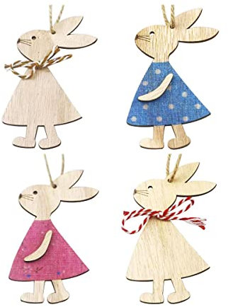 XULIN 4 Pcs Easter Wooden Bunny Hanging Ornaments - Rabbit Shape DIY Craft Accessory, Decorations Gift Wood Slices for Party Supplies, Home, Garden, Tree