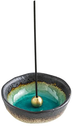 Asayu Japan Mini Porta-Incenso per Bastoncini (8.3cm), Set di Cattura Cenere in Ceramica e Brucia-Incenso in Ottone, Fatto in Giappone, Per Relax, Decorazione Domestica (Acquamarina Naturale)