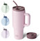 bottlebottle Tasse isotherme 1200 ml, Mug avec paille et poignée, Tasse avec paille sous vide en acier inoxydable pour cadeaux, fêtes, bureau, Café (rose)