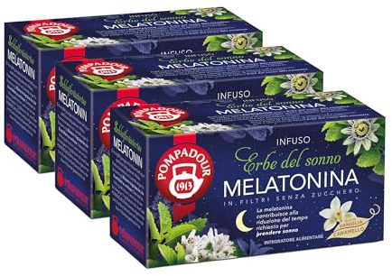 Pompadour, Infuso Erbe del Sonno e Melatonina, 54 Filtri (3 Confezioni da 18 Filtri), Ideale alla Sera per Favorire il Sonno, Senza Lattosio, Glutine e Allergeni