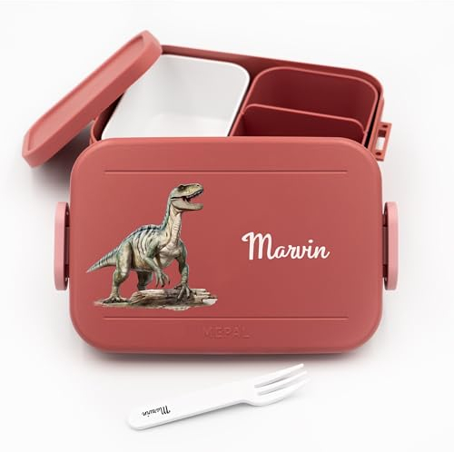 Geschenkfreude Personalisierte Brotdose Dinosaurier Kinder für Mepal - Lunchbox Kinder mit Trennwand Name, Kindergarten, Schule - Alles für den Schulanfang - Dino - Brotdose mit Namen