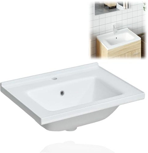 Einbauwaschbecken Bad, Einbauwaschtisch Eckig, Waschbecken aus Keramik, Weiß 61x48x19,5 cm, mit Überlaufloch, für Bad, Gäste-WC Powder Room,153709