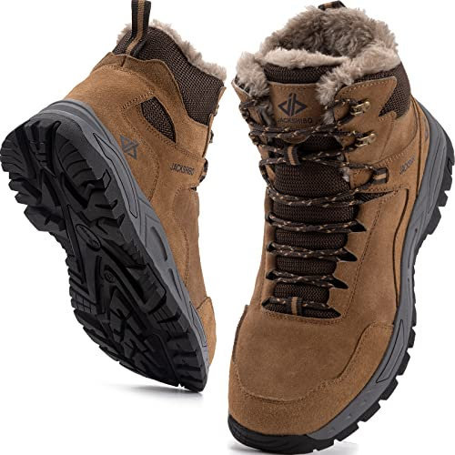 JACKSHIBO Winterschuhe Herren Winterstiefel damen mit Warm Gefüttert Wasserdicht Schneeschuhe Rutschfest Wanderschuhe Trekkingschuhe Winter Outdoor Schneestiefel Winterboot Braun 44-EU