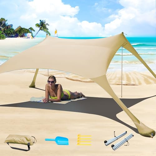 CUUPO 7×7 FT Beach Tent Sun Shelter UPF50+ UV Protection, Outdoor Small Canopy Tent Sun Shade with 2 Poles for Camping, Beach, Fishing, Backyard and Picnics Khaki