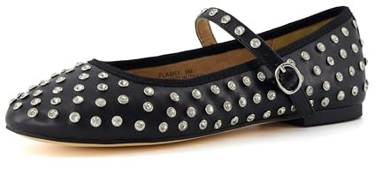 CUSHIONAIRE Flashy Women’s Bling Studded Mary Jane Flats | Comfortable Memory Foam, Faux Leather, Lightweight, Wide Widths Available, Black 8.5W