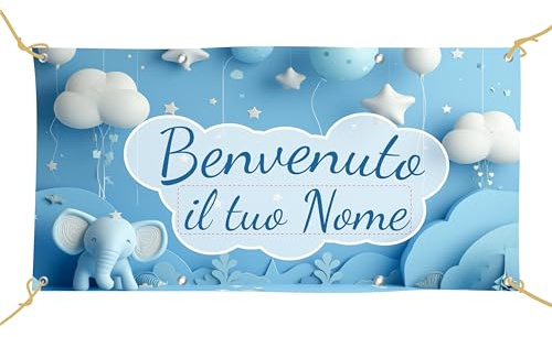 Pubblimania Banner Striscione NASCITA BIMBO MASCHIO BOY PERSONALIZZABILE in pvc. Personalizza online con le tue scritte e noi lo stampiamo. (Banner Nascita Bimbo)