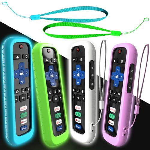 4-pack skydd för Roku Stick fjärrkontroll, fodral kompatibelt med Hisense TV-kontroll, silikonfodral för TCL smart TV kontrollhållare lyser i mörkret lila blå grön vit